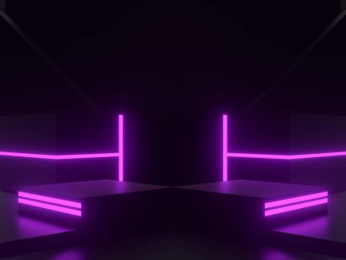 Mor neon ışıkları olan 3D siyah bilimsel sahne podyumu. Koyu arkaplan.