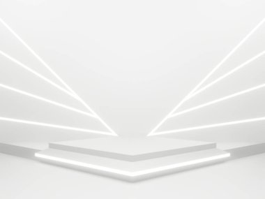Beyaz neon ışıklı 3D beyaz bilim kurgu ürünü arka planı.