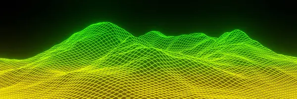 stock image 3D gradient green and yellow noen mountain. Grid neon mountain. Wireframe terrain