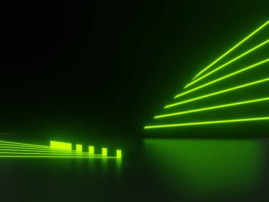 Yeşil neon ışıkları olan 3 boyutlu siyah bilimsel arkaplan