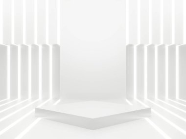 Beyaz neon ışıklı 3D beyaz bilim kurgu ürünü arka planı.