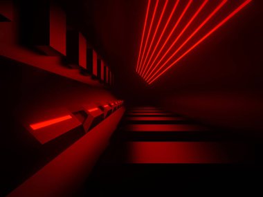 Üç boyutlu kırmızı neon tünel. Kırmızı neon ışıklı siyah arkaplan