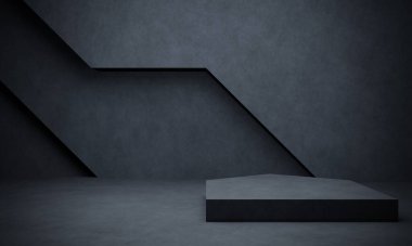 Üç boyutlu gri beton oda arka planı. Beton podyumu