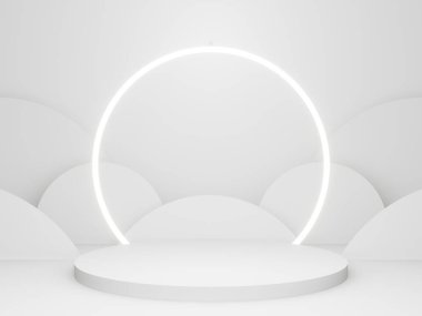 Beyaz daire neon ışıklı 3D beyaz arkaplan