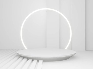 Beyaz daire neon ışıklı 3D beyaz arkaplan