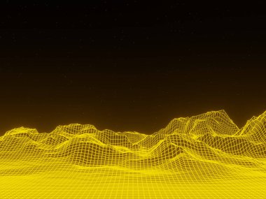 Üç boyutlu sarı dağ kablosu arka planı. Izgara arazi tel çerçevesi