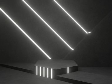 Beyaz neon ışıkları olan 3 boyutlu koyu beton oda arka planı. Siyah geometrik çimento podyumu.