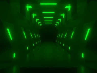Üç boyutlu sarı neon tünel. Yeşil ışıklı siyah koridor