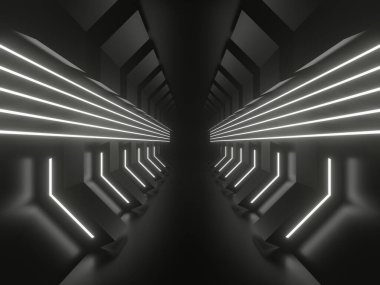 Üç boyutlu neon tünel. Beyaz neon ışıklı siyah koridor