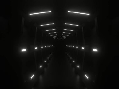 Üç boyutlu neon tünel. Beyaz neon ışıklı siyah koridor