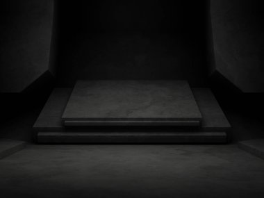 Üç boyutlu koyu beton duvar. Siyah geometrik çimento arkaplanı