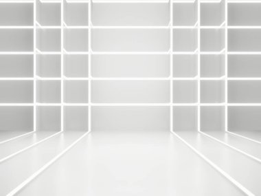 3D Beyaz Bilim-Kurgu ürün görüntüleme arkaplanı. Beyaz neon ışıkları olan bilimsel bir sahne.