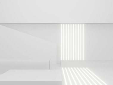 Üç boyutlu beyaz geometrik arka plan ve neon ışıkları. Beyaz podyum