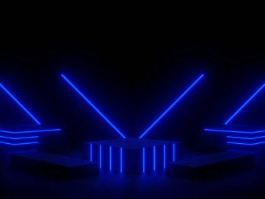 Mavi neon ışıklı üç boyutlu beton arkaplan