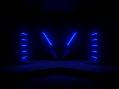 Mavi neon ışıklı üç boyutlu beton arkaplan