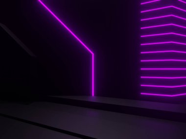Mor neon ışıklı 3B siyah arkaplan.