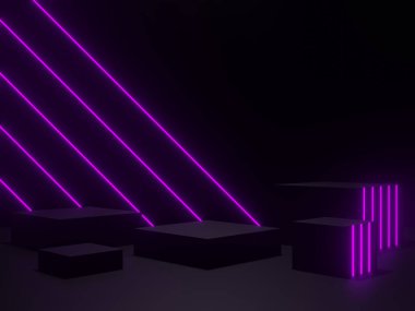 Mor neon ışıklı 3B siyah arkaplan.