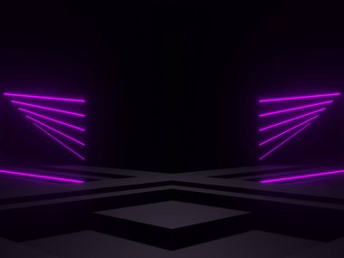 Mor neon ışıklı 3B siyah arkaplan.