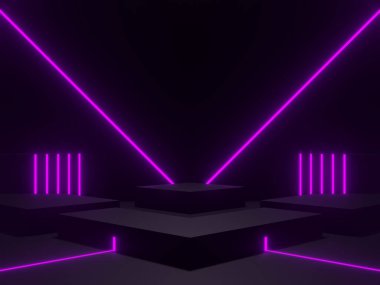 Mor neon ışıklı 3B siyah arkaplan.