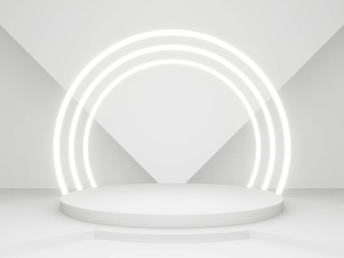 Beyaz neon ışıklı 3D beyaz ürün podyumu.