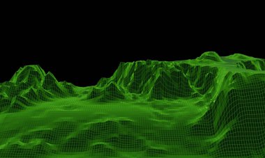 3D düşük çokgen dağ ızgarası. Yeşil topografik kablo çerçevesi