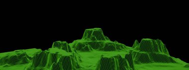 3D düşük çokgen dağ ızgarası. Yeşil topografik kablo çerçevesi