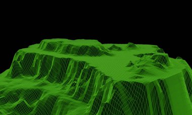 3D düşük çokgen dağ ızgarası. Yeşil topografik kablo çerçevesi