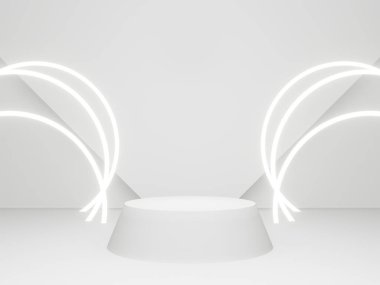 Beyaz neon ışıklı 3D beyaz ürün podyumu.