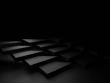 Üç boyutlu siyah adım arkaplanı. Siyah merdiven.