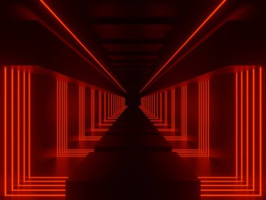 Üç boyutlu kırmızı neon tünel. Kırmızı neon ışıklı siyah arkaplan