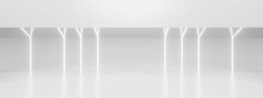 Üç boyutlu beyaz geometrik arka plan ve neon ışıkları. Beyaz arkaplan