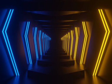 Üç boyutlu sarı neon tünel. Sarı neon ışıklı siyah arkaplan