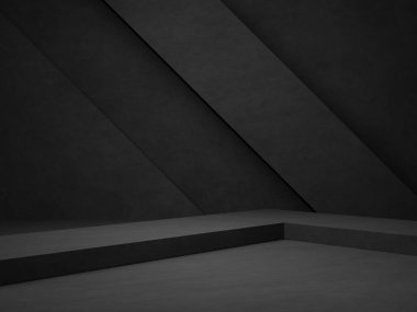 Üç boyutlu koyu beton arka plan. Siyah geometrik çimento odası