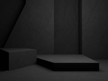 Üç boyutlu koyu beton arka plan. Siyah geometrik çimento odası