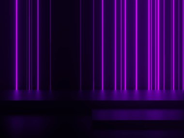Mor şeritli neon ışıkları olan 3B siyah arkaplan