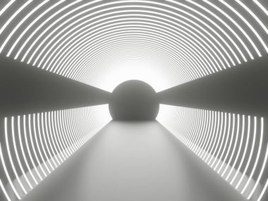 Üç boyutlu beyaz neon tünel. Beyaz neon ışıklı siyah arkaplan