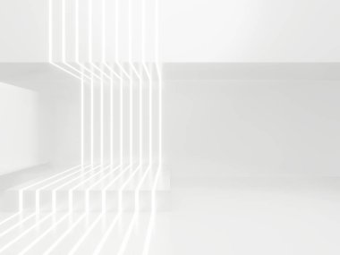 Üç boyutlu beyaz geometrik arka plan ve neon ışıkları. Beyaz arkaplan
