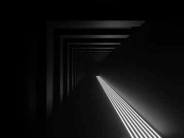 Üç boyutlu neon tünel. Beyaz neon ışıklı siyah koridor