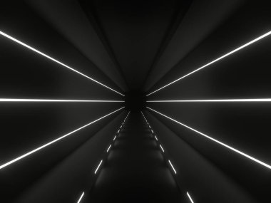 Üç boyutlu neon tünel. Beyaz neon ışıklı siyah koridor