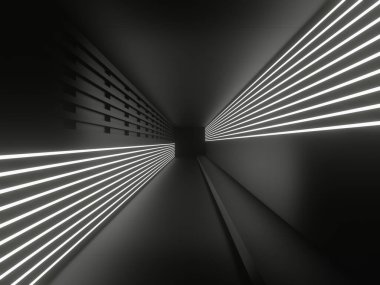 Üç boyutlu neon tünel. Beyaz neon ışıklı siyah koridor