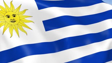 Uruguay 'ın rüzgarda dalgalanan 4KHD bayrağı. 4K çözünürlüğünde son derece detaylı kumaş dokusuna sahip kusursuz döngü animasyonu.