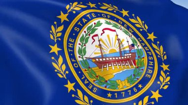 ABD 'nin New Hampshire eyaletinin ağır çekim 4KHD bayrağı rüzgarda sallanıyor. 4K çözünürlüğünde son derece detaylı kumaş dokusuna sahip kusursuz döngü animasyonu.