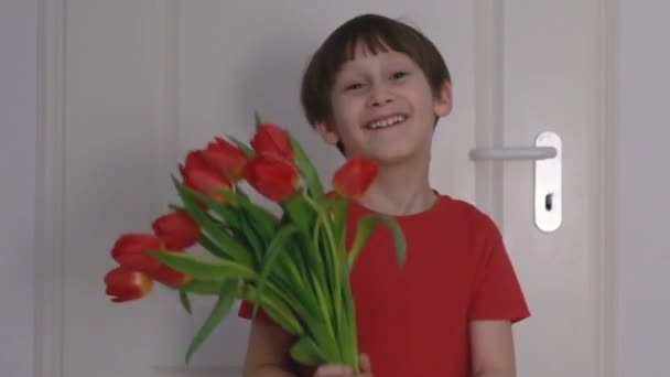 Chlapec Kyticí Červených Tulipánů Den Matek Vysoce Kvalitní Fullhd Záběry — Stock video