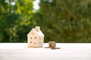 Evin modeli doğanın arka planında, paranın yanında. Bir ev inşa etmenin finansmanı ve sigortası.