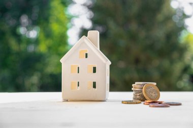 Evin modeli doğanın arka planında, paranın yanında. Bir ev inşa etmenin finansmanı ve sigortası.