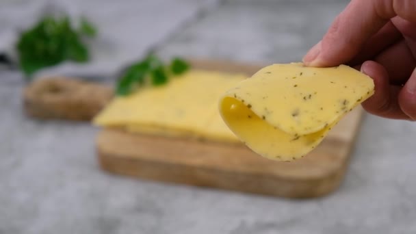 Dutch Cheese Nettles Piece Cheese Hand High Quality Fullhd Footage — Stock Video