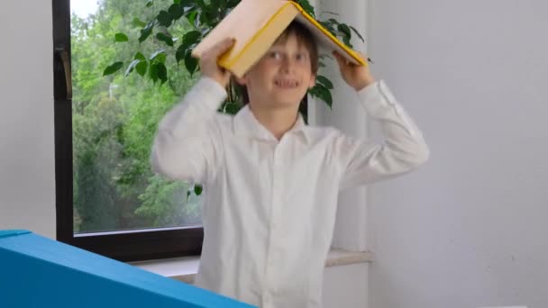 Cheerful Boy Schoolboy Book His Hands Boy Rejoices First Day — Stock Video