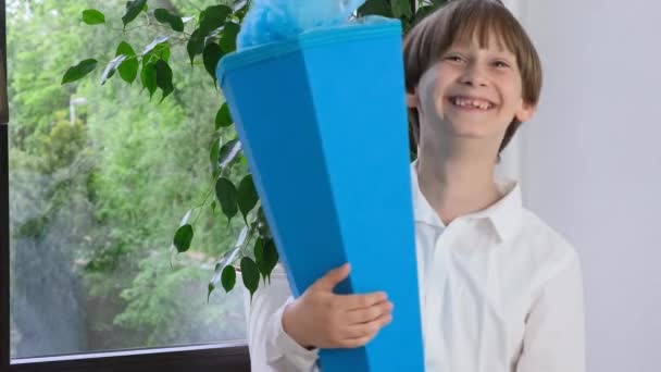 Glückliches Kind Mit Traditioneller Deutscher Zuckertüte Ersten Schultag Hochwertiges Filmmaterial — Stockvideo