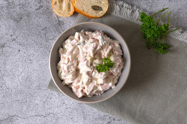 stock image Traditional German meat salad with pickled cucumbers. High quality photo