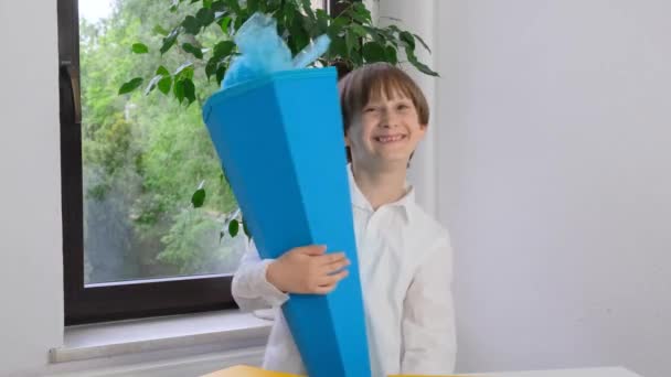 Copil Fericit Care Deține Conul Tradițional German Bomboane Prima Școală — Videoclip de stoc